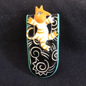 Vintage Porcelain Ceramic Art Hand Crafted Striped Cat Brooch Pin- Orange, Black